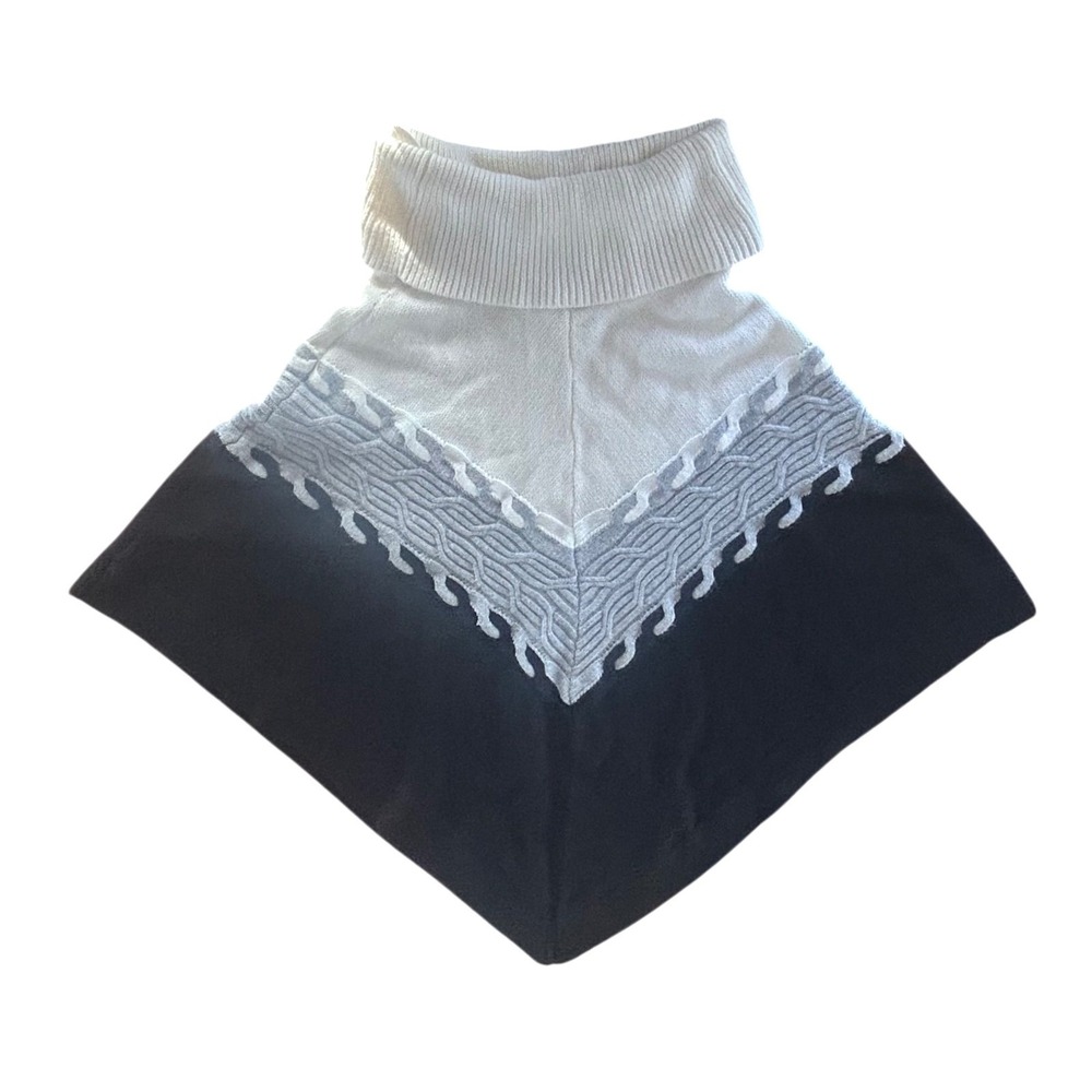 Talbots Colorblock Cable‎ Knit Turtleneck Poncho Black White Gray Large Chevron - Picture 4 of 5